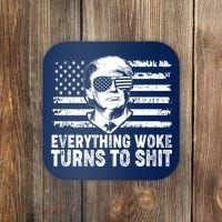 Funny Trump Everything Woke Turns To Shit Distressed USA American Flag Coaster thumb 0