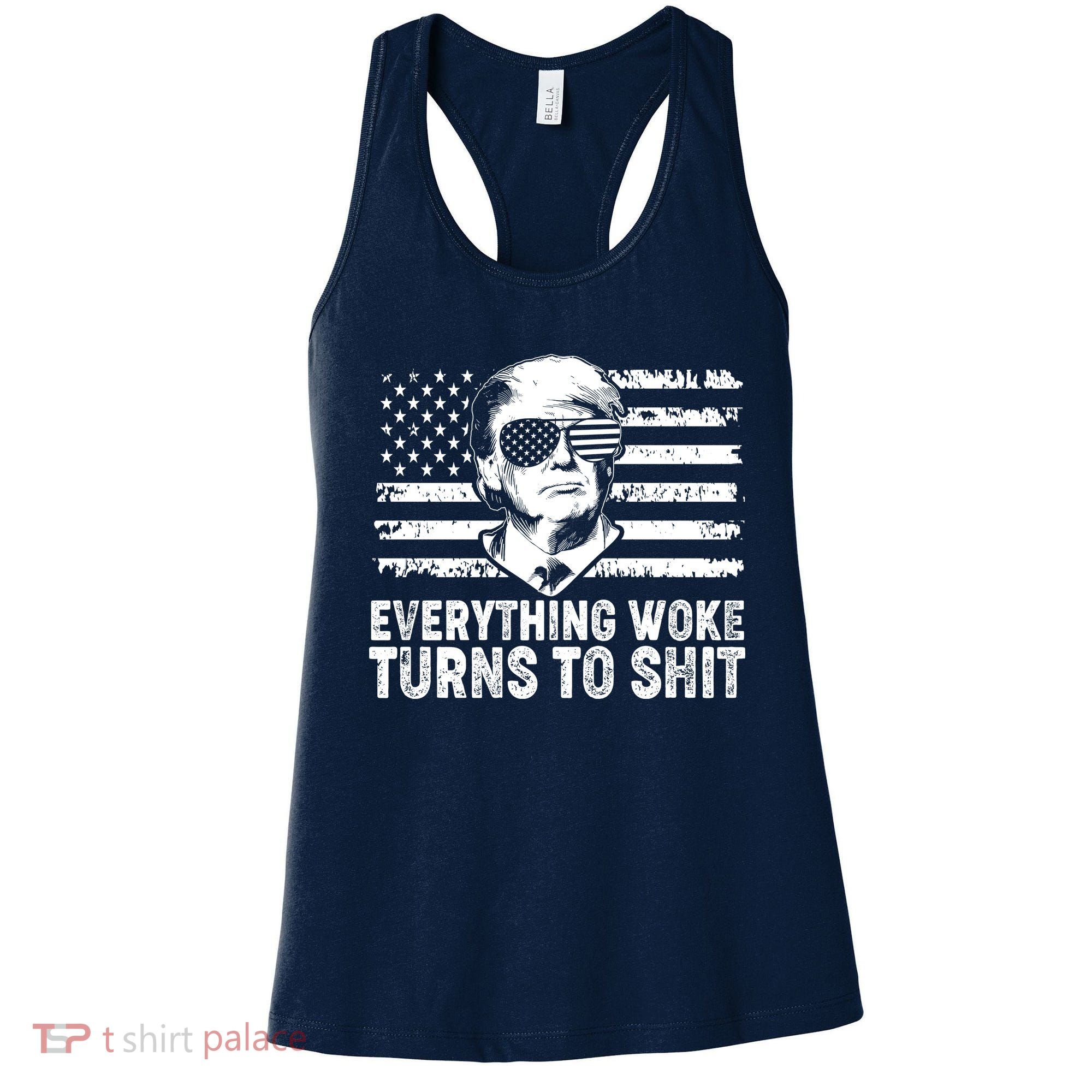 Funny Trump Everything Woke Turns To Shit Distressed USA American Flag Women's Tank Top