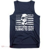 Funny Trump Everything Woke Turns To Shit Distressed USA American Flag Tank Top thumb 0