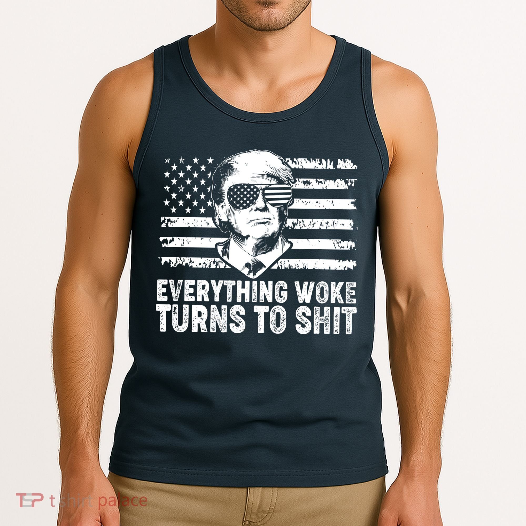 Funny Trump Everything Woke Turns To Shit Distressed USA American Flag Tank Top