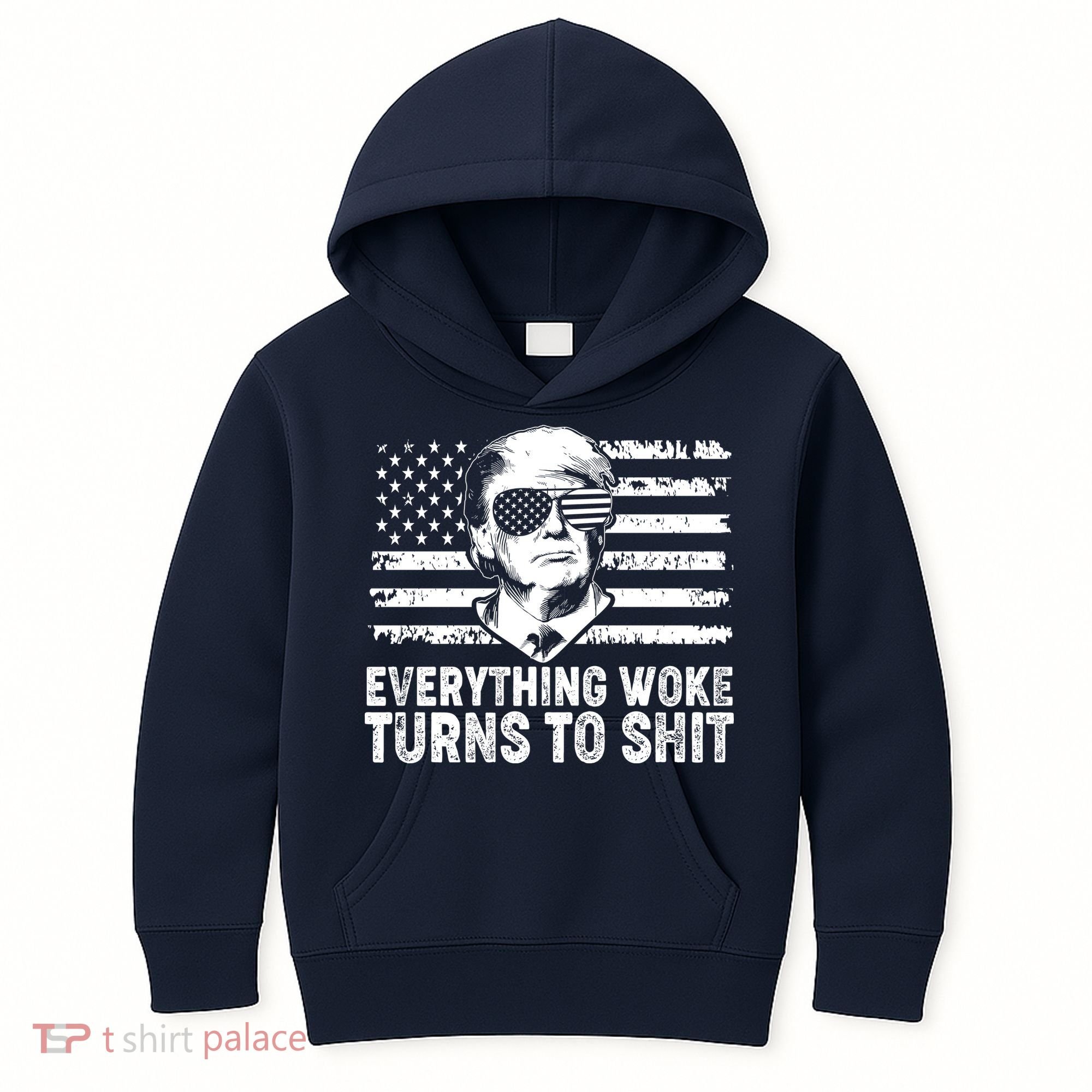 Funny Trump Everything Woke Turns To Shit Distressed USA American Flag Kids Hoodie