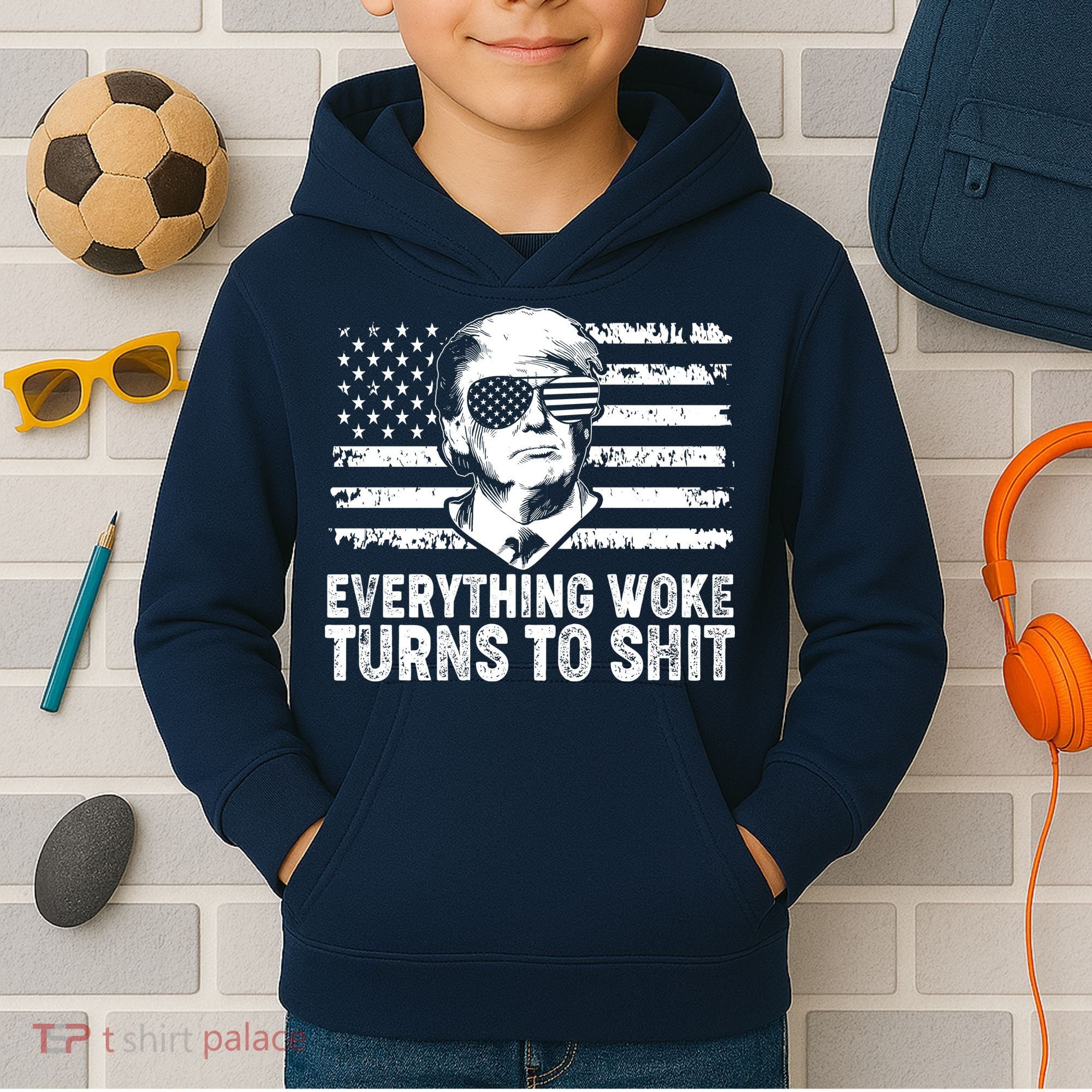Funny Trump Everything Woke Turns To Shit Distressed USA American Flag Kids Hoodie