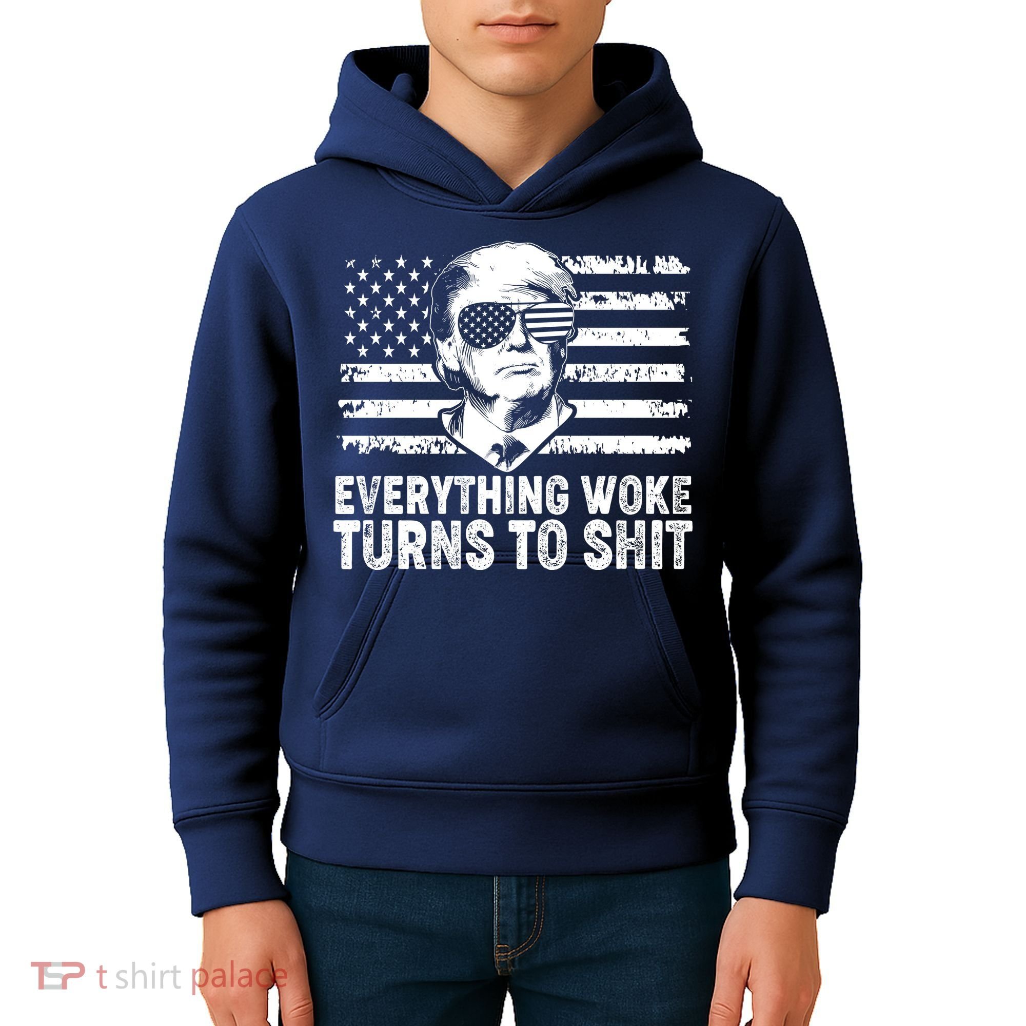 Funny Trump Everything Woke Turns To Shit Distressed USA American Flag Kids Hoodie