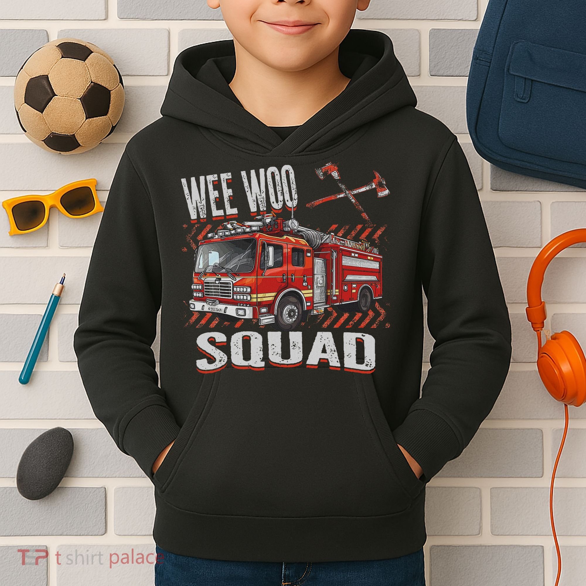 Fire Truck Firefighters Lovers Wee Woo Squad Kids Hoodie