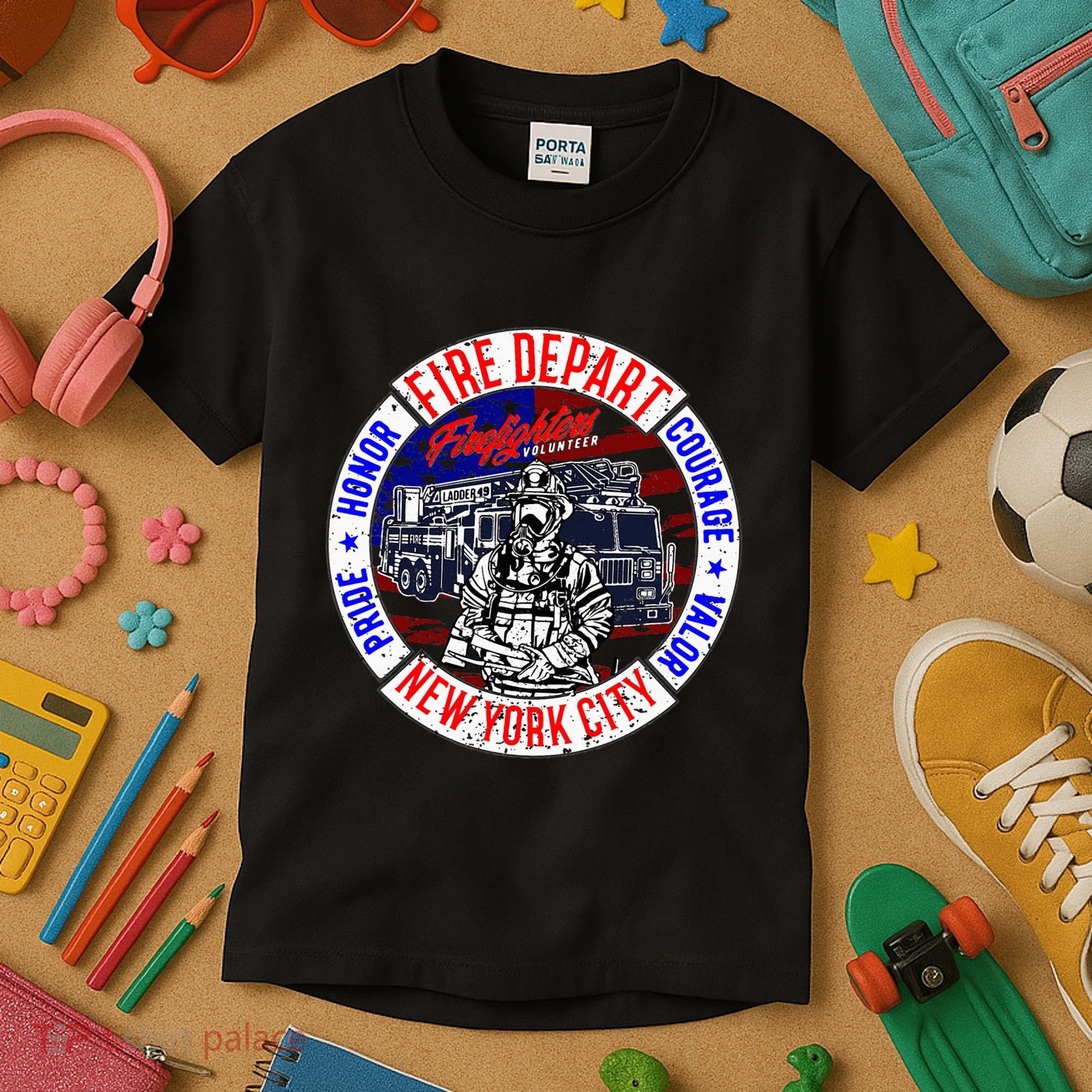 Firefighter Truck Gear Fire Department New York Firefighters Kids T-Shirt