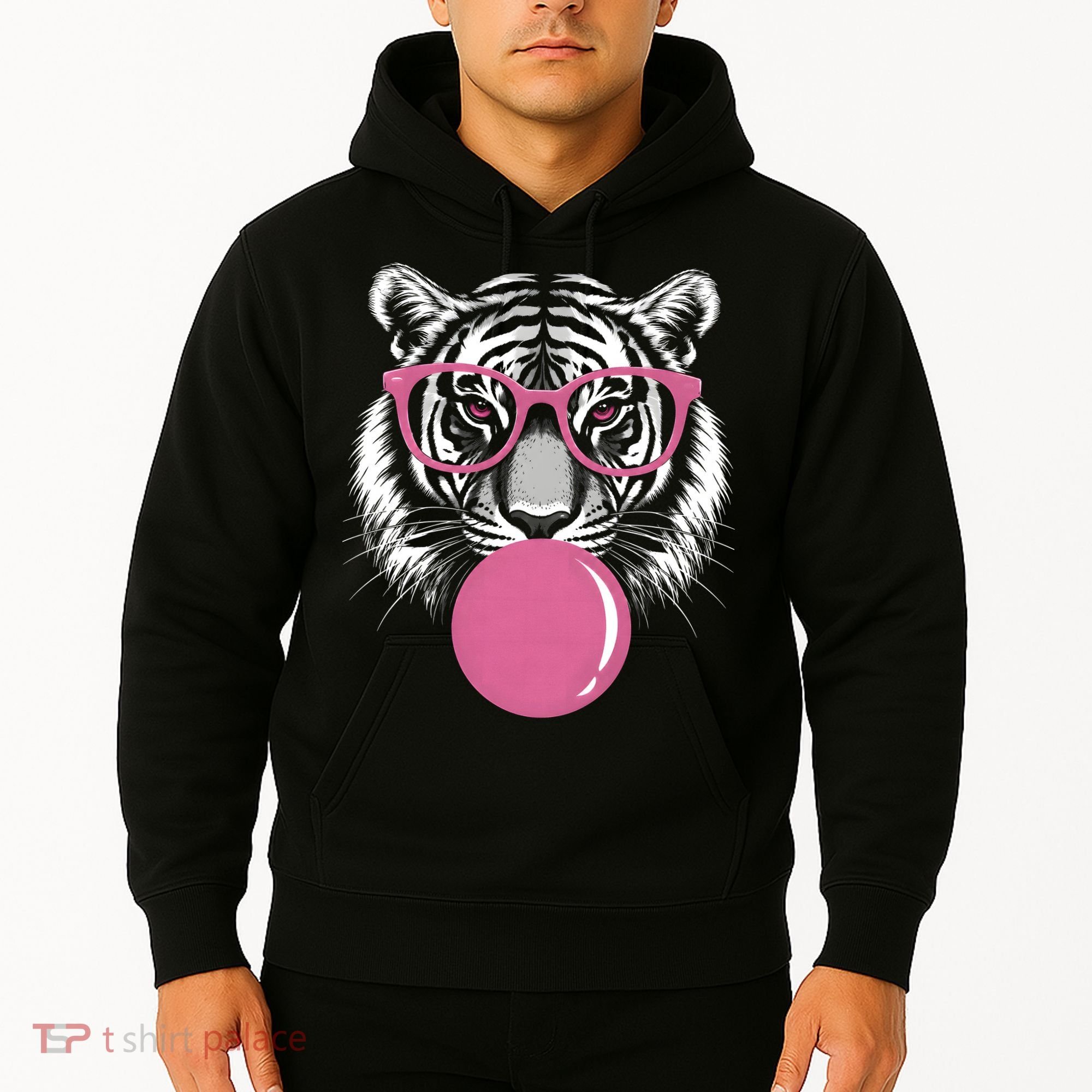 Funny Tiger Glasses Blowing Pink Bubble Gum Hoodie
