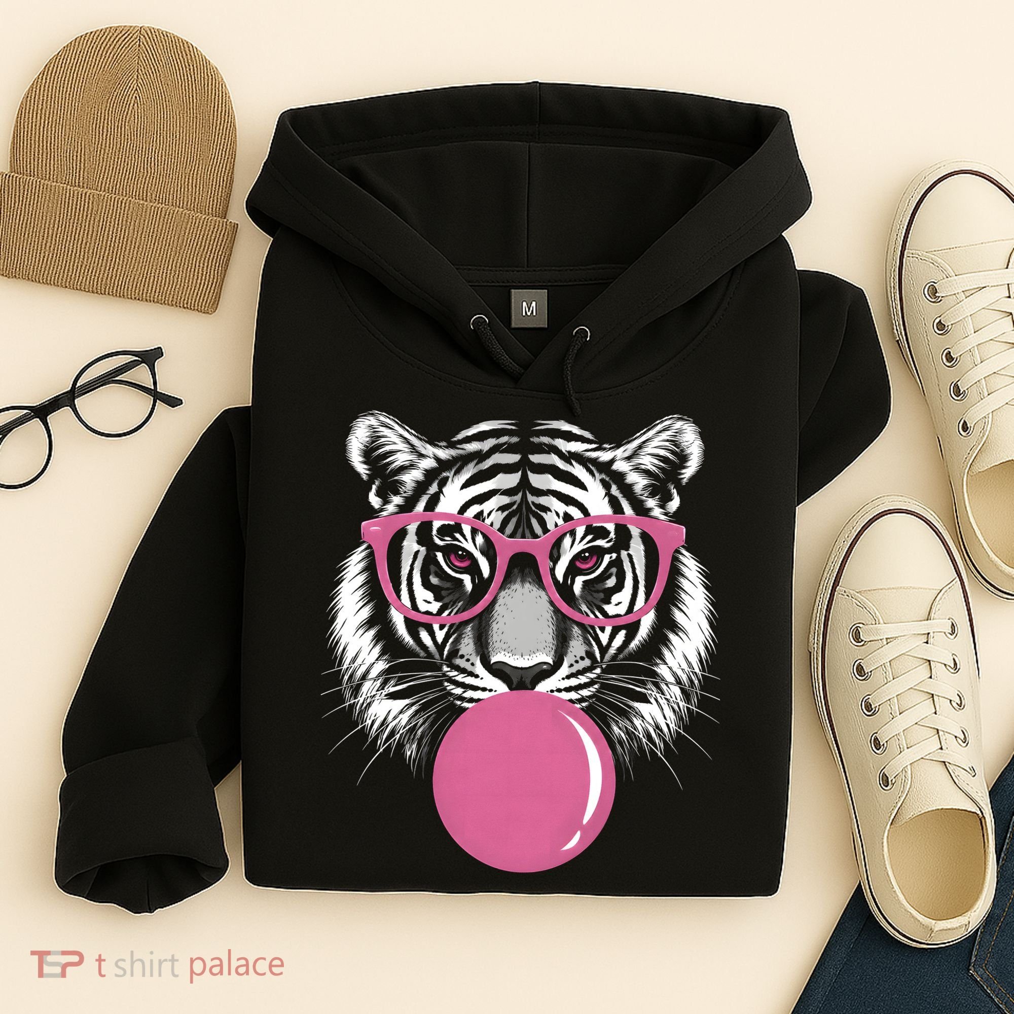 Funny Tiger Glasses Blowing Pink Bubble Gum Hoodie