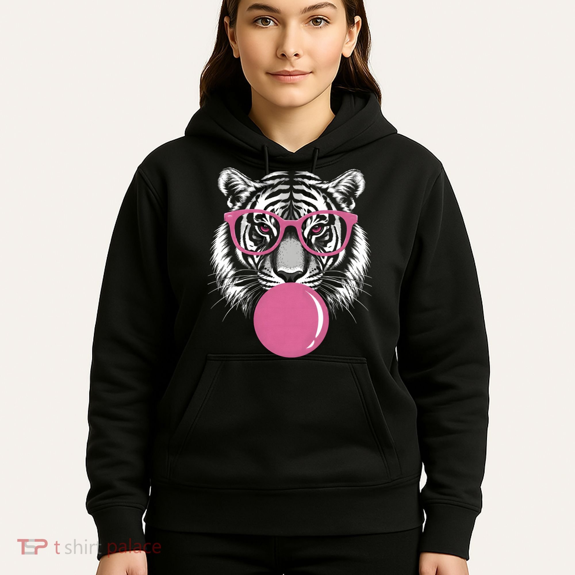 Funny Tiger Glasses Blowing Pink Bubble Gum Hoodie