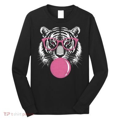 Funny Tiger Glasses Blowing Pink Bubble Gum Long Sleeve Shirt