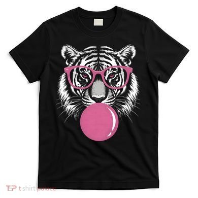Funny Tiger Glasses Blowing Pink Bubble Gum T-Shirt