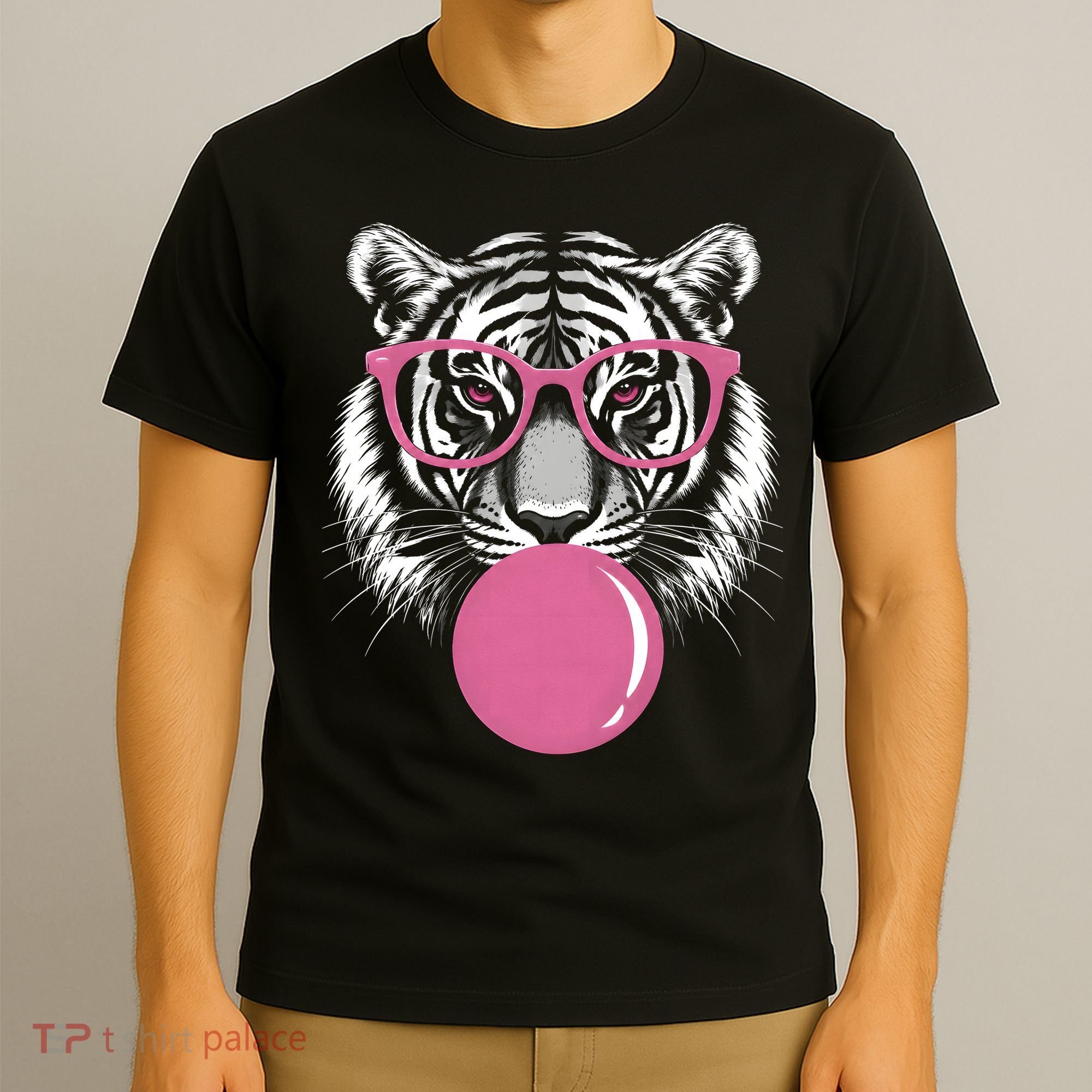 Funny Tiger Glasses Blowing Pink Bubble Gum T-Shirt