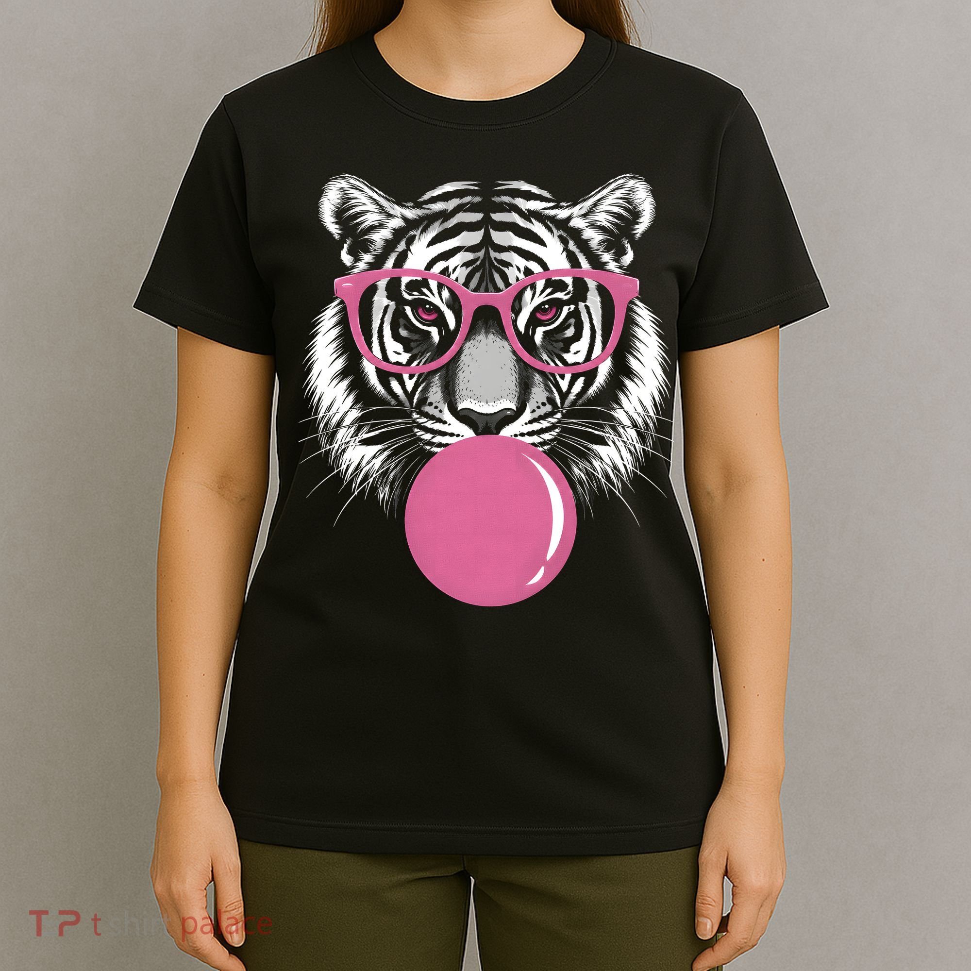 Funny Tiger Glasses Blowing Pink Bubble Gum T-Shirt