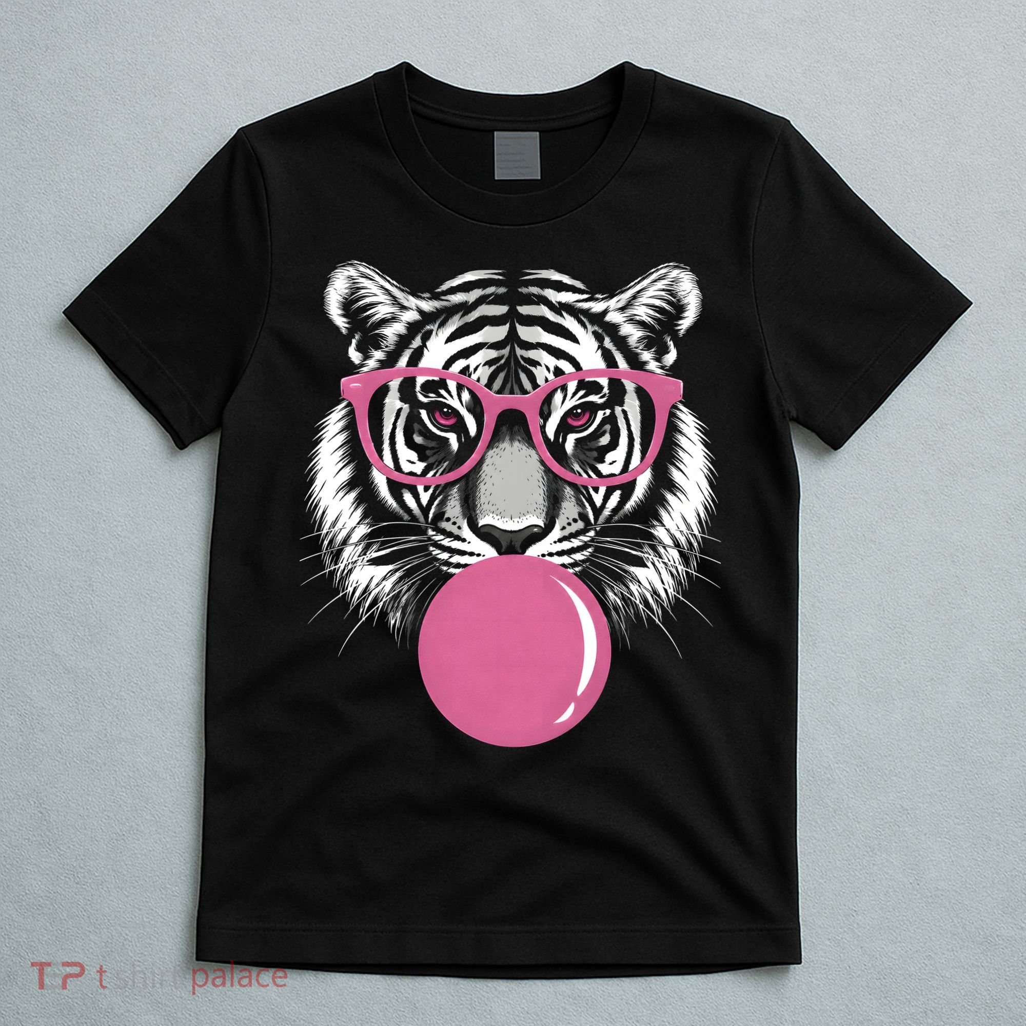 Funny Tiger Glasses Blowing Pink Bubble Gum T-Shirt