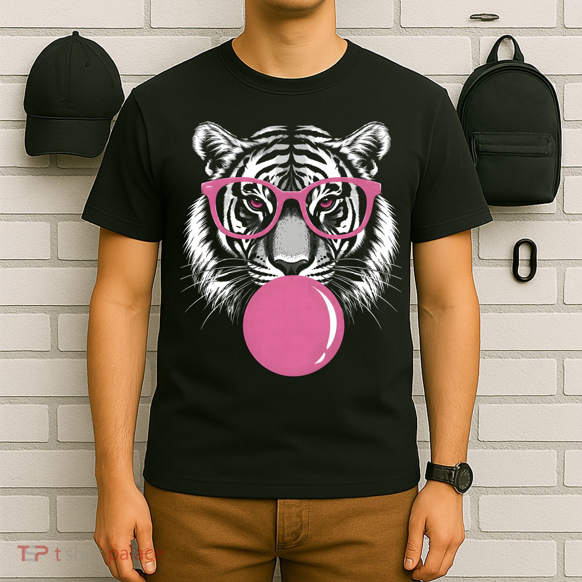 Funny Tiger Glasses Blowing Pink Bubble Gum T-Shirt