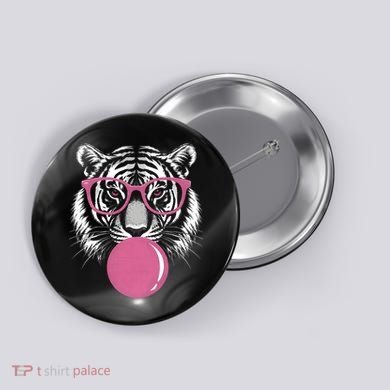 Funny Tiger Glasses Blowing Pink Bubble Gum Button