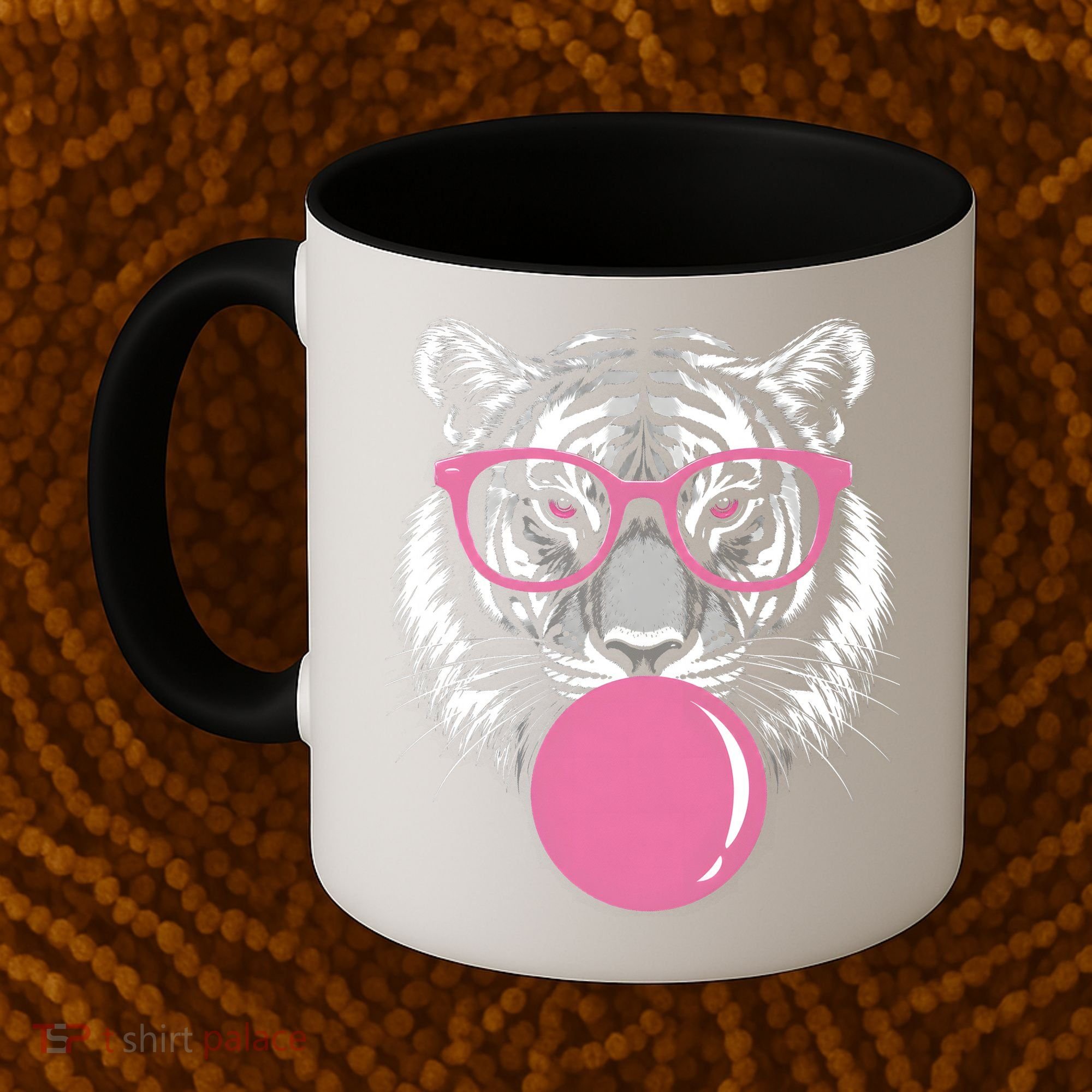 Funny Tiger Glasses Blowing Pink Bubble Gum Coffee Mug