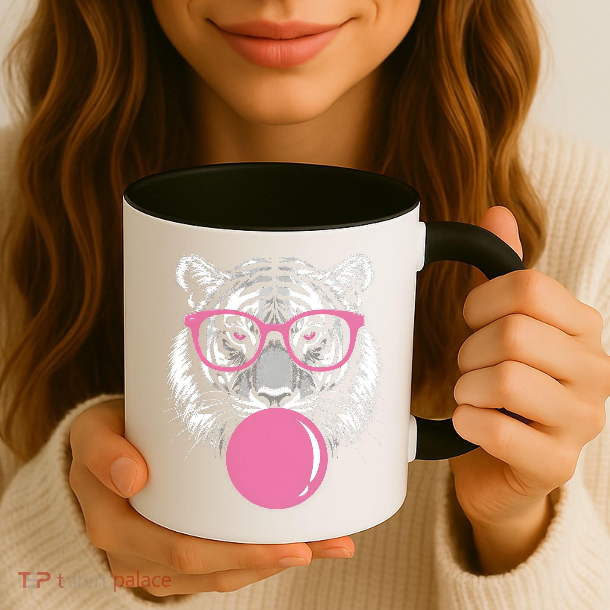 Funny Tiger Glasses Blowing Pink Bubble Gum Coffee Mug