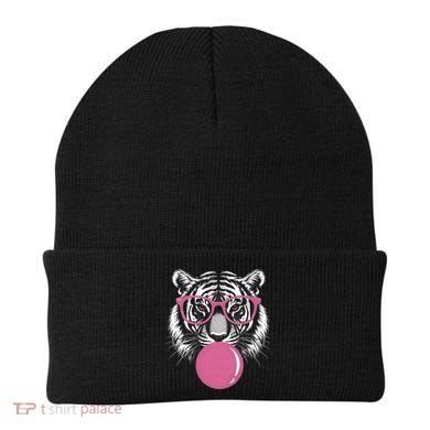 Funny Tiger Glasses Blowing Pink Bubble Gum Beanie