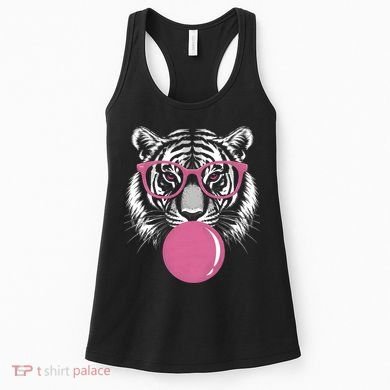 Funny Tiger Glasses Blowing Pink Bubble Gum Women's Tank Top