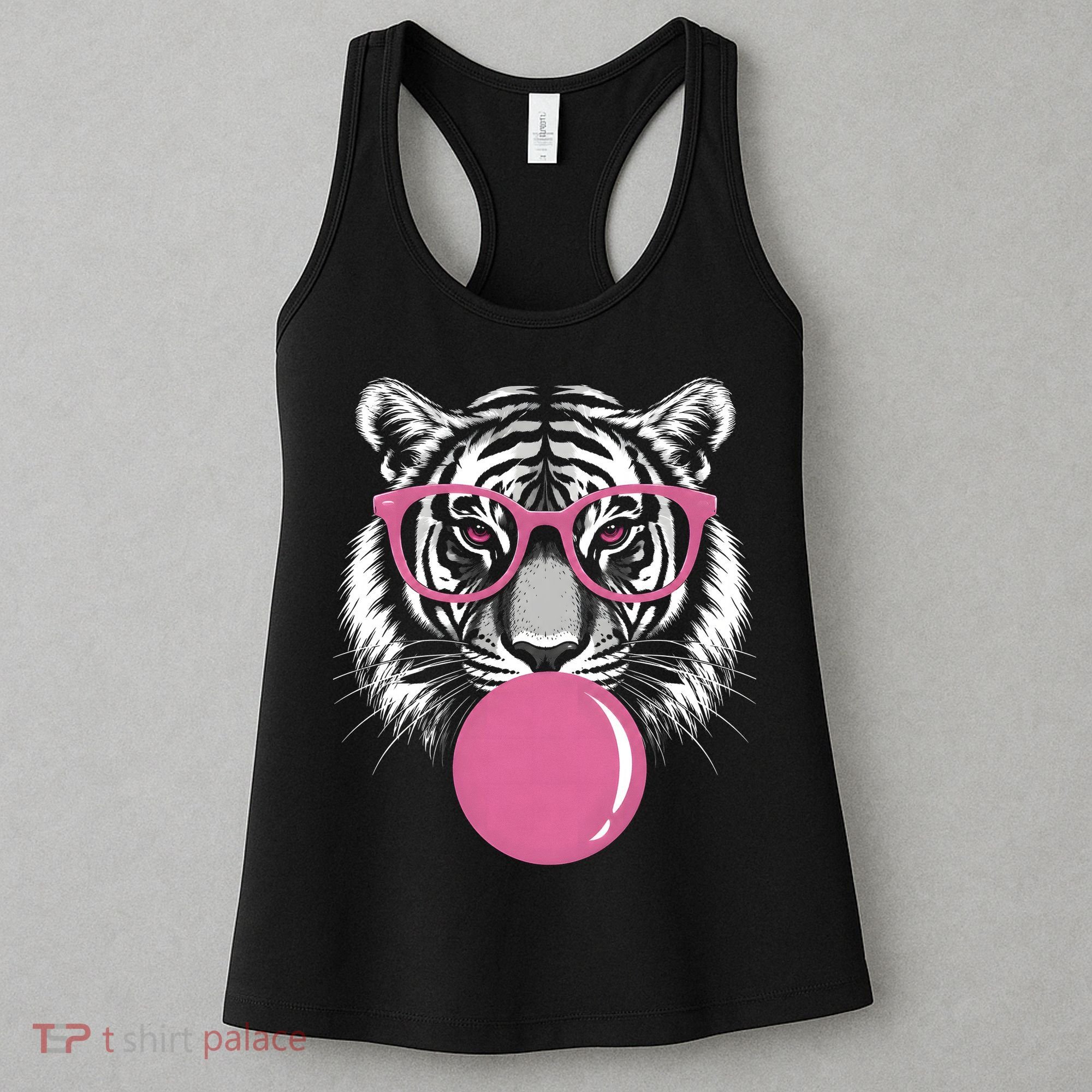 Funny Tiger Glasses Blowing Pink Bubble Gum Women's Tank Top