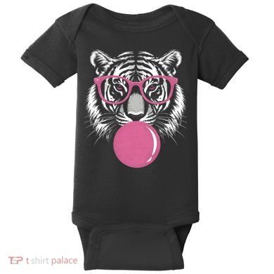 Funny Tiger Glasses Blowing Pink Bubble Gum Baby Bodysuit