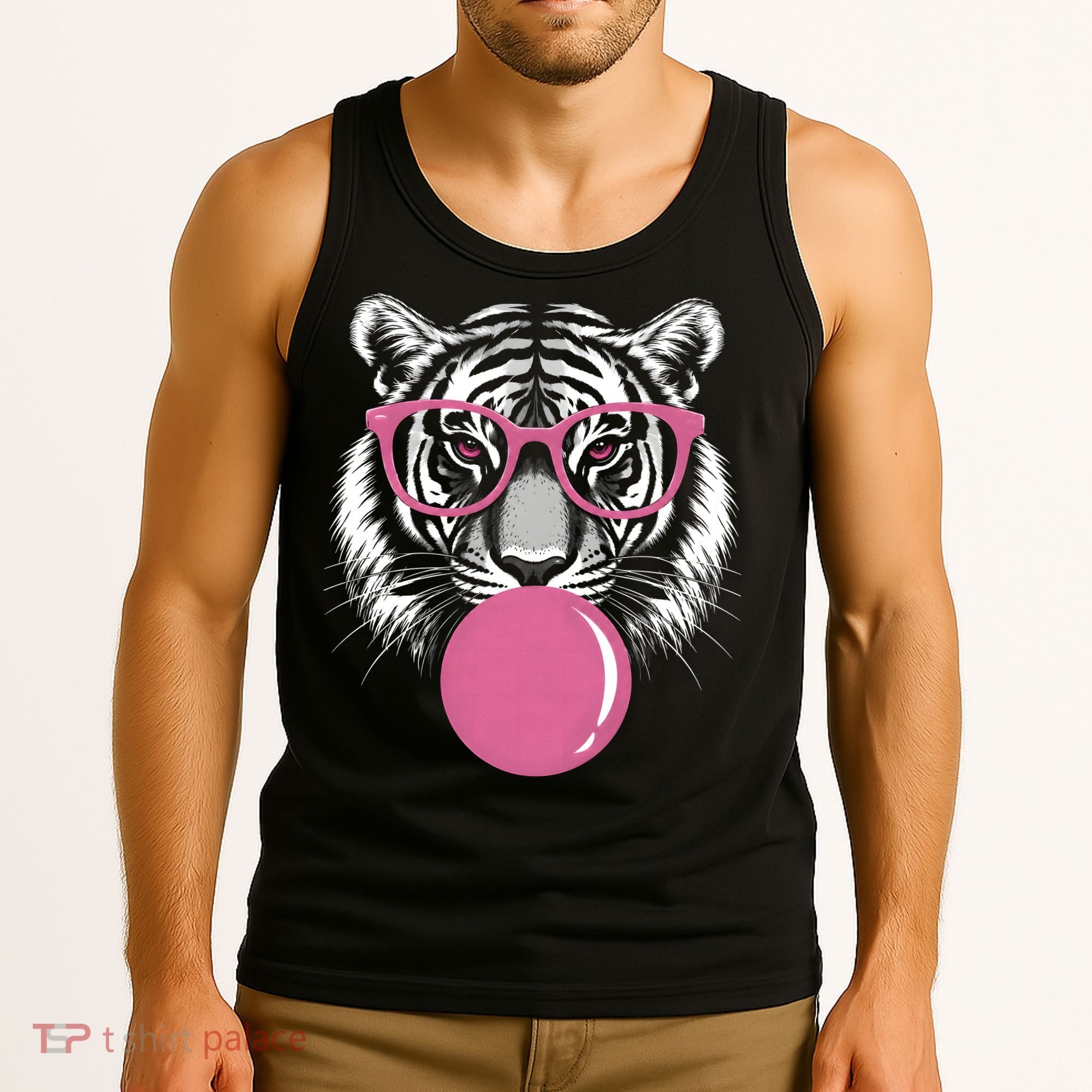 Funny Tiger Glasses Blowing Pink Bubble Gum Tank Top