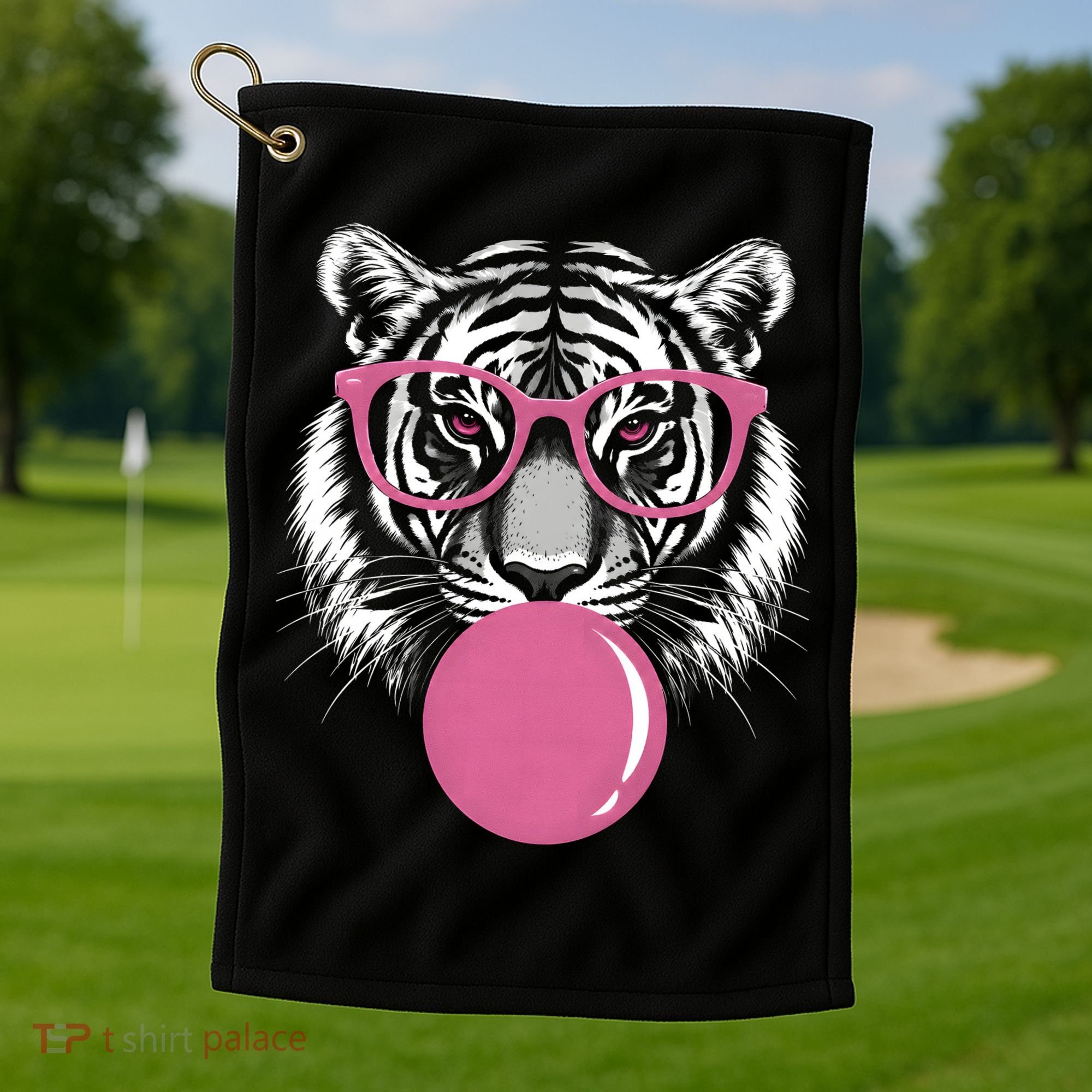 Funny Tiger Glasses Blowing Pink Bubble Gum Golf Towel