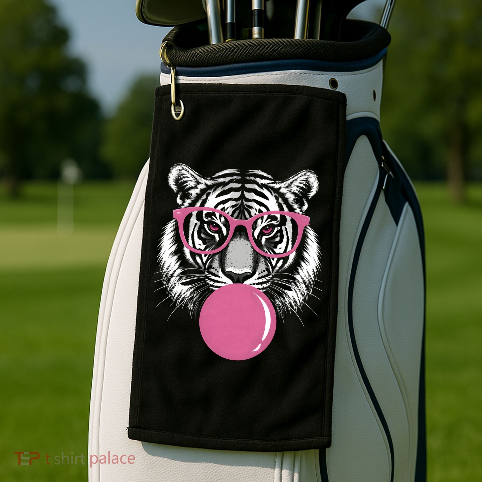Funny Tiger Glasses Blowing Pink Bubble Gum Golf Towel