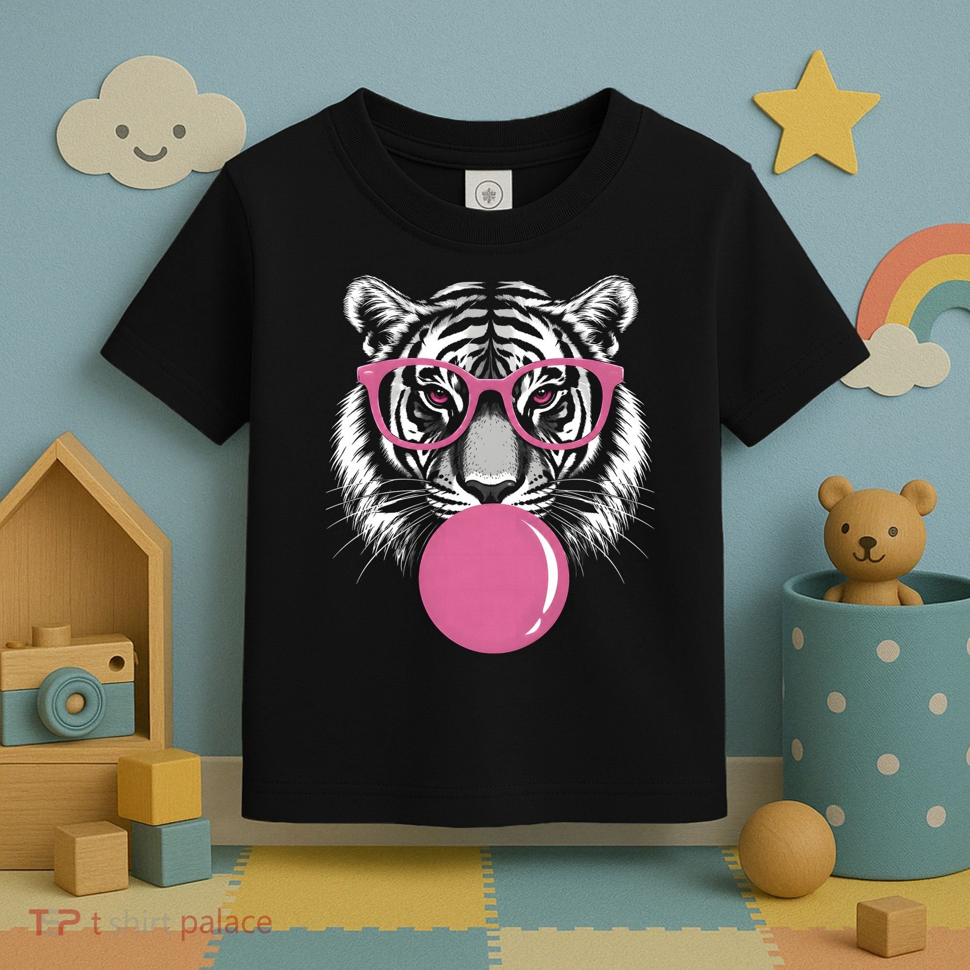 Funny Tiger Glasses Blowing Pink Bubble Gum Toddler T-Shirt