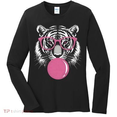 Funny Tiger Glasses Blowing Pink Bubble Gum Women's Long Sleeve Shirt