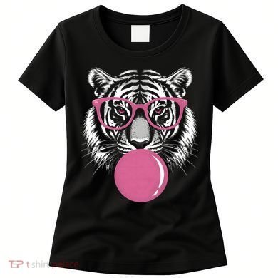 Funny Tiger Glasses Blowing Pink Bubble Gum Women's T-Shirt