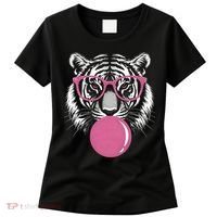 Funny Tiger Glasses Blowing Pink Bubble Gum Women's T-Shirt thumb 0