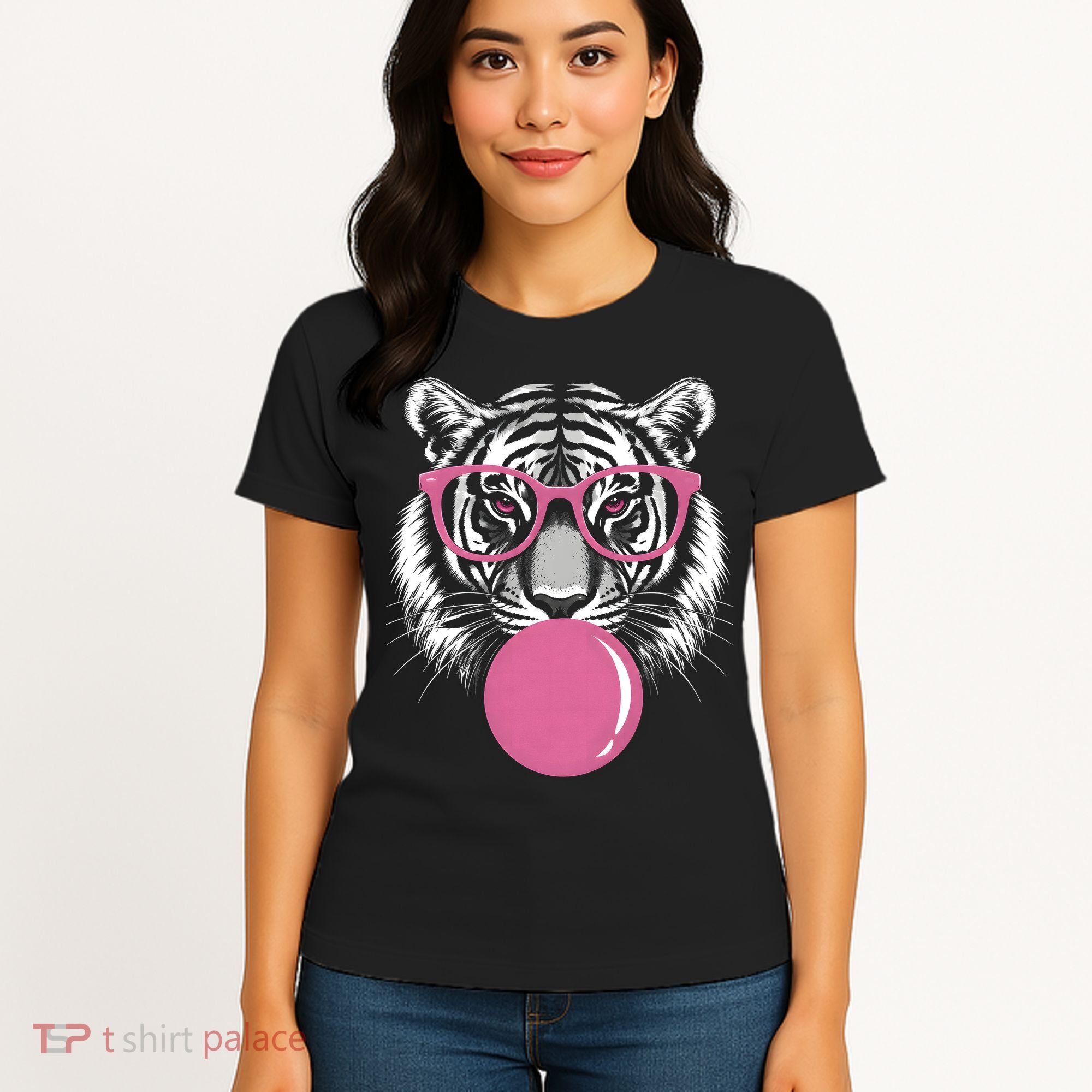 Funny Tiger Glasses Blowing Pink Bubble Gum Women's T-Shirt