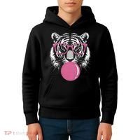 Funny Tiger Glasses Blowing Pink Bubble Gum Kids Hoodie thumb 4