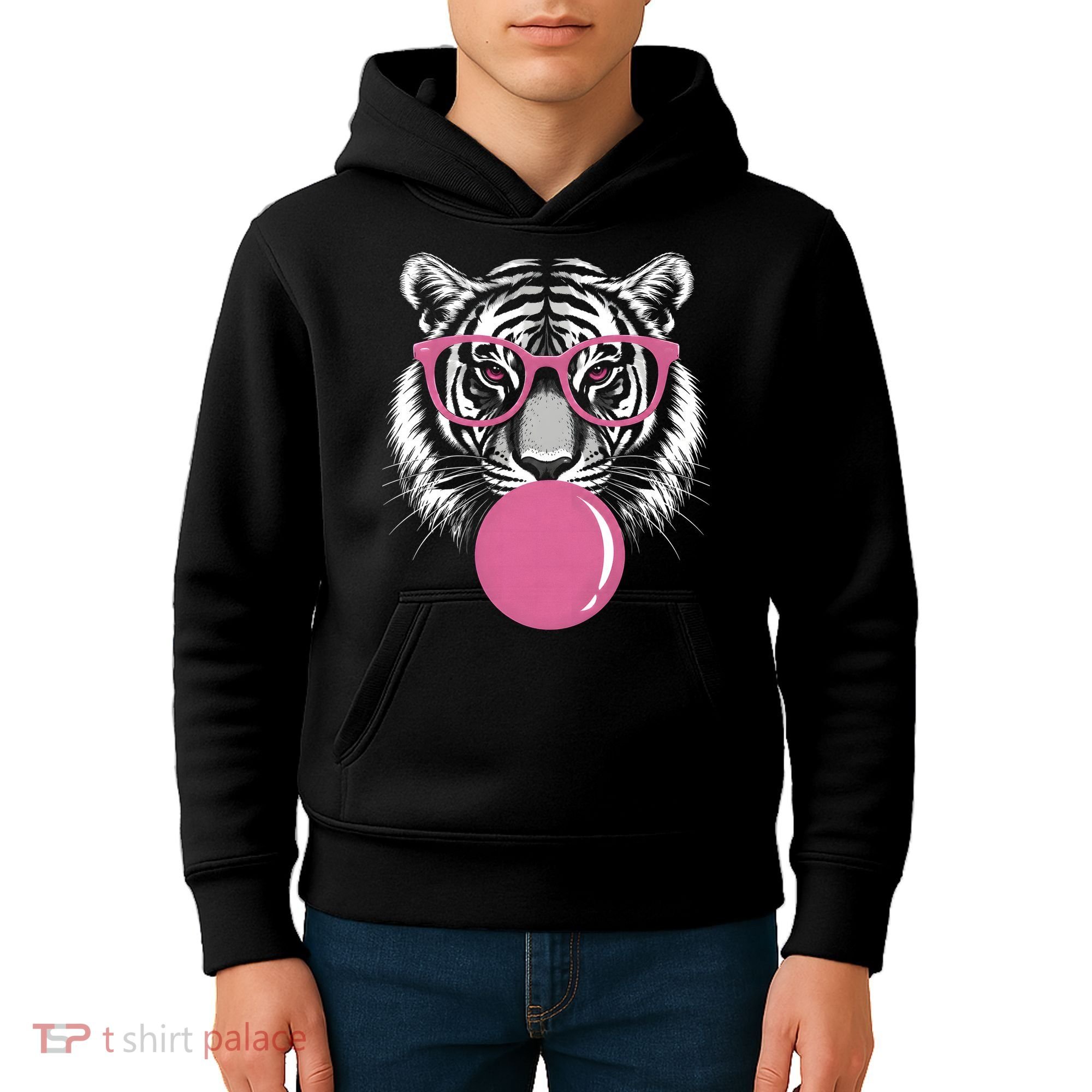 Funny Tiger Glasses Blowing Pink Bubble Gum Kids Hoodie
