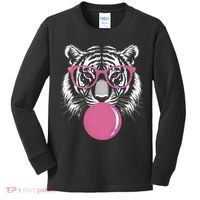 Funny Tiger Glasses Blowing Pink Bubble Gum Kids Long Sleeve Shirt thumb 0