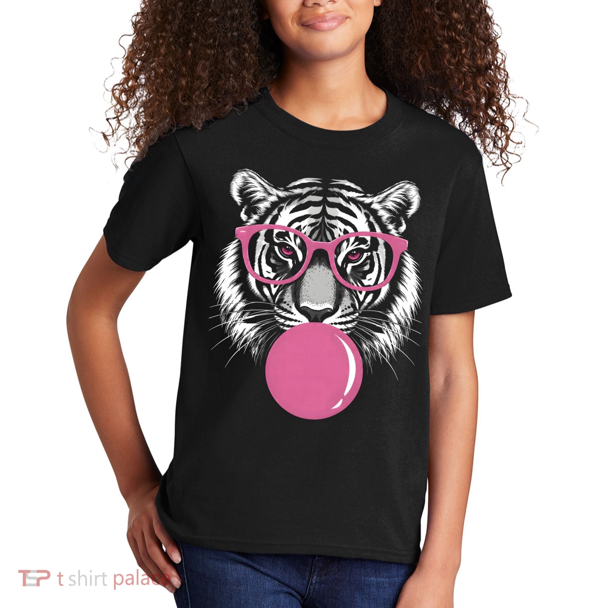 Funny Tiger Glasses Blowing Pink Bubble Gum Kids T-Shirt