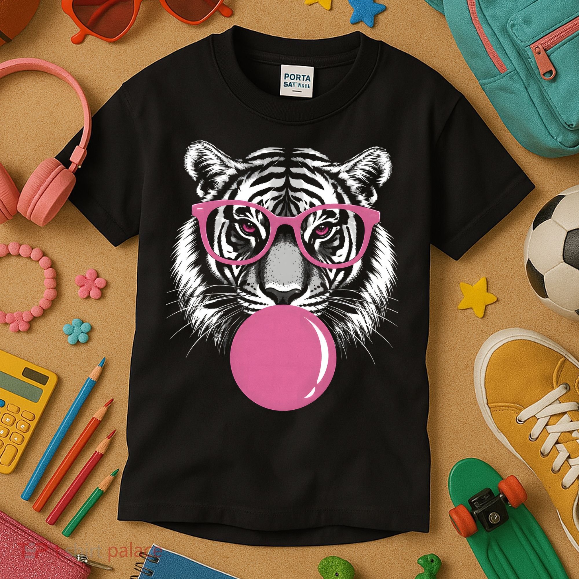 Funny Tiger Glasses Blowing Pink Bubble Gum Kids T-Shirt