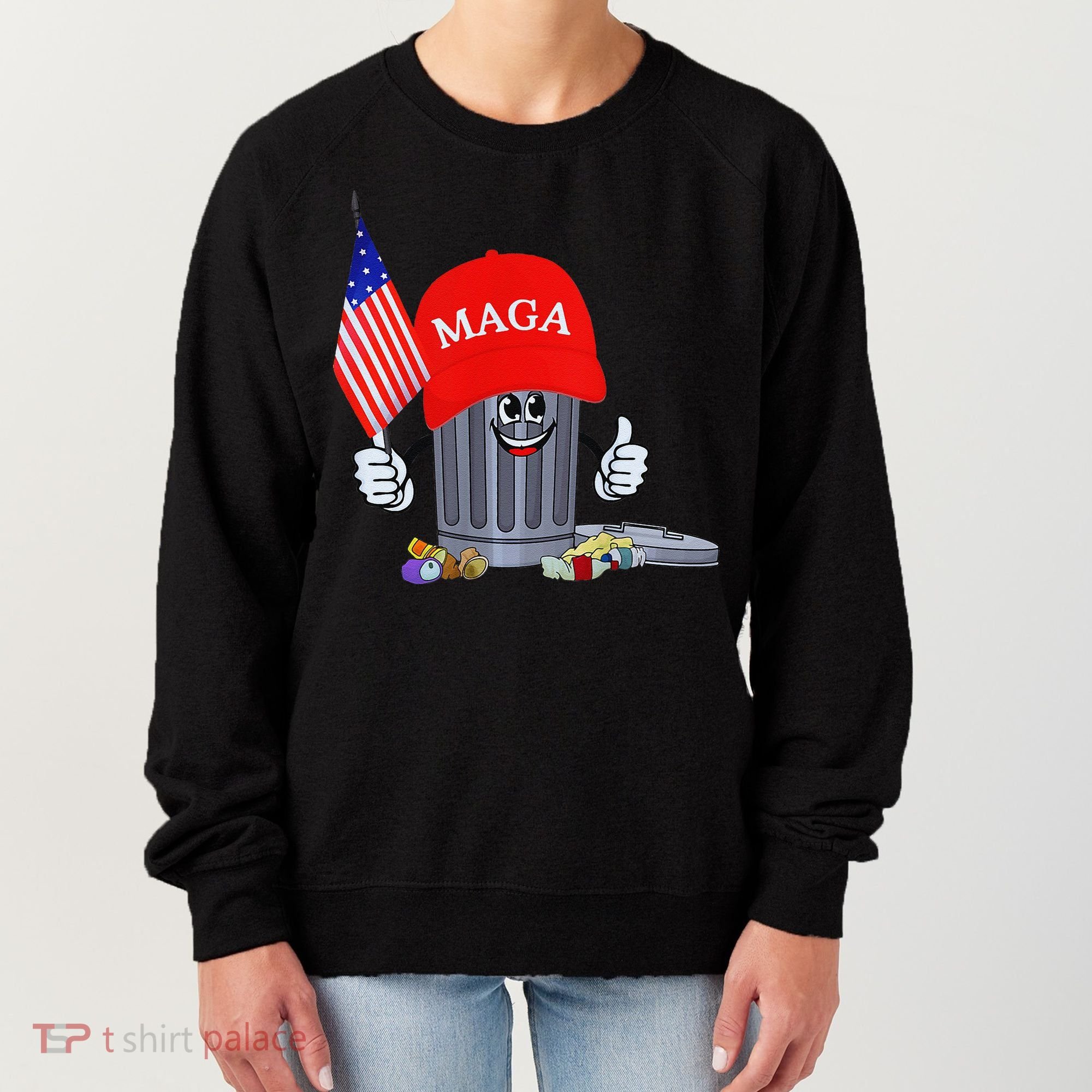 Funny Trump Garbage Can Cartoon Character American Flag Women's Sweatshirt