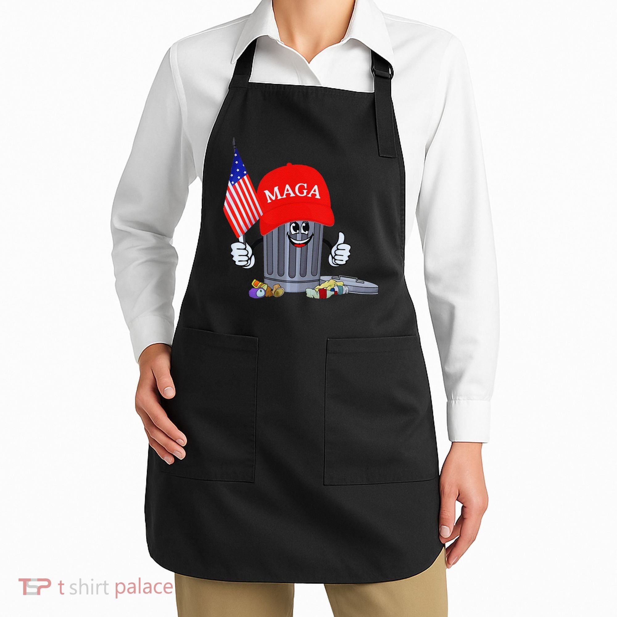 Funny Trump Garbage Can Cartoon Character American Flag Apron