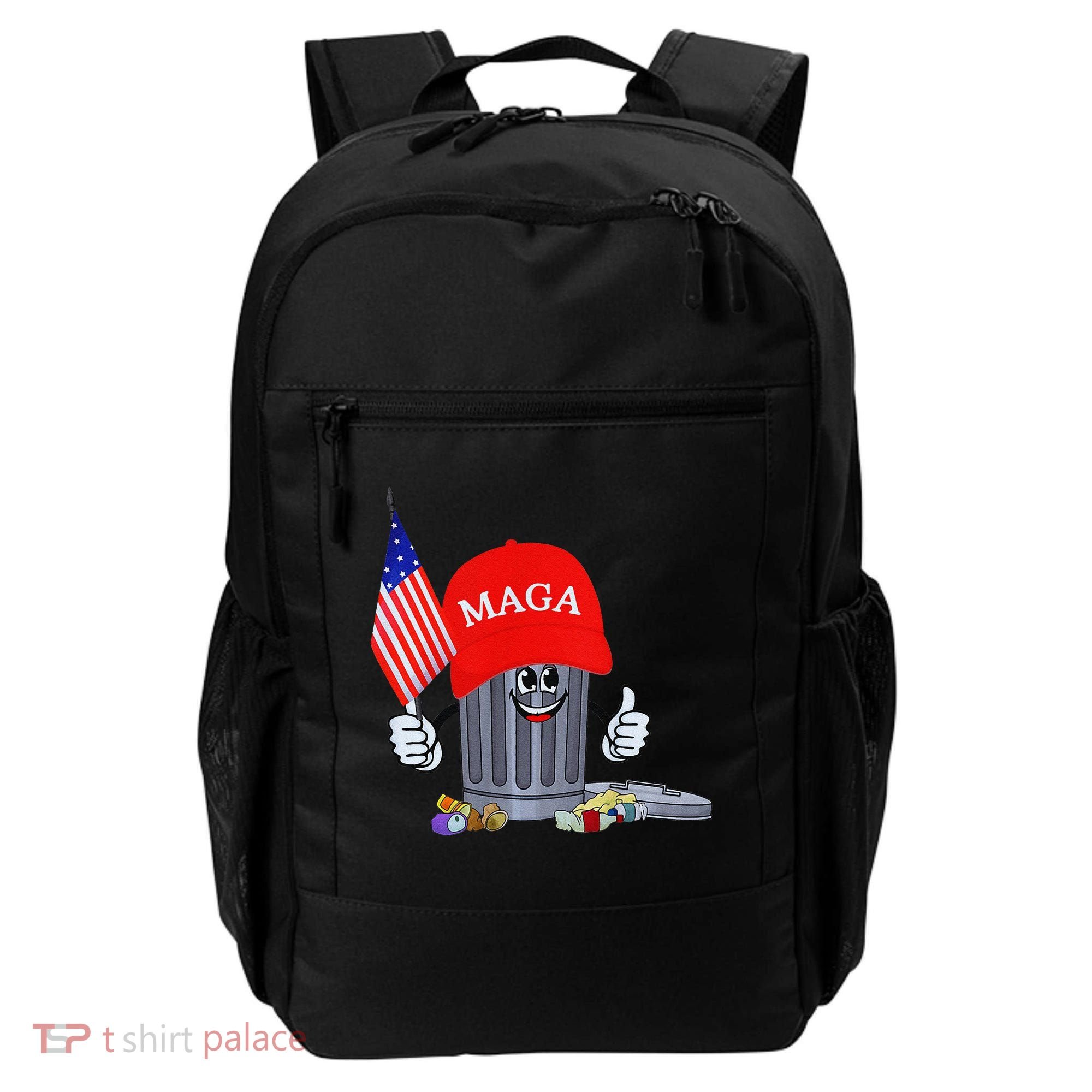Funny Trump Garbage Can Cartoon Character American Flag Backpack