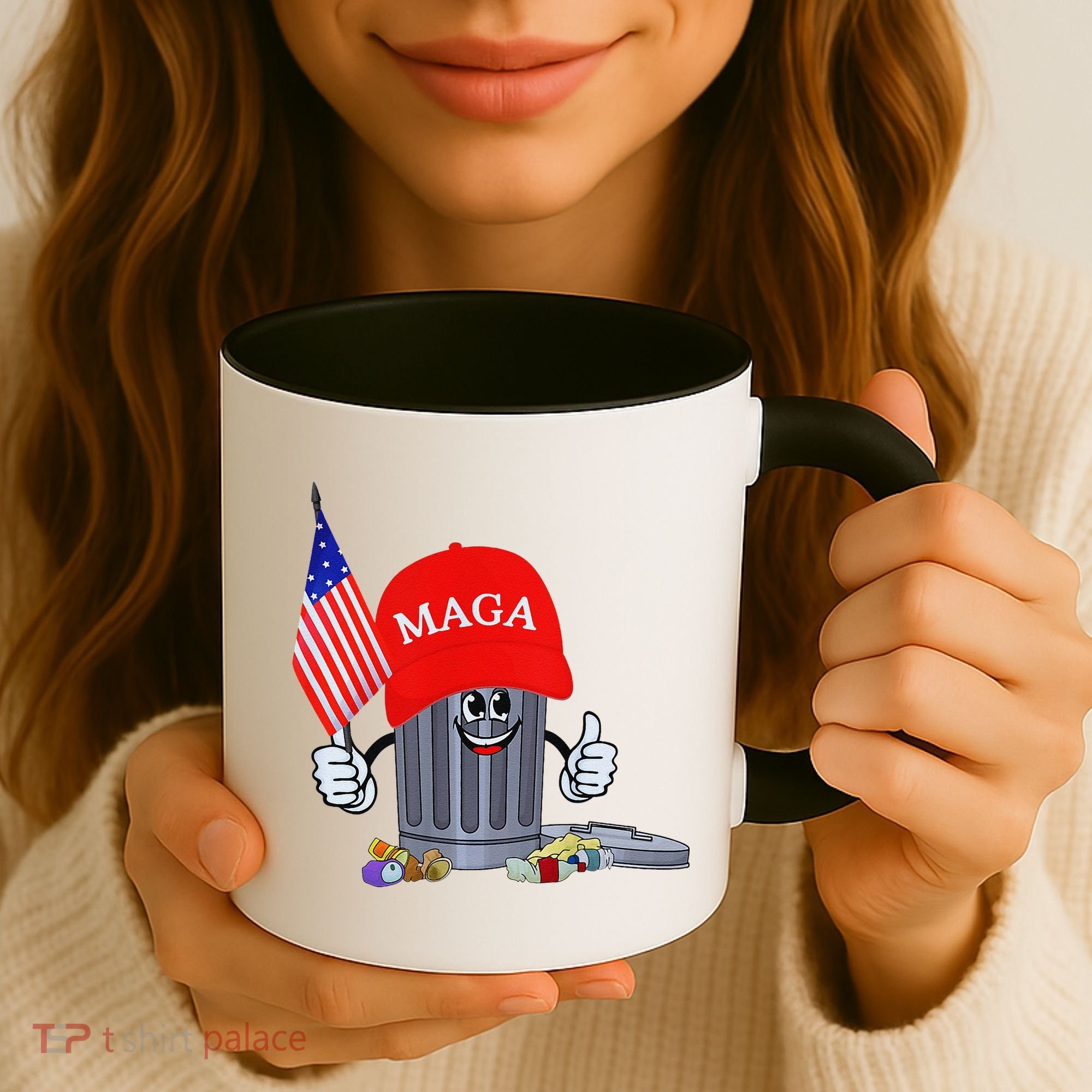 Funny Trump Garbage Can Cartoon Character American Flag Coffee Mug