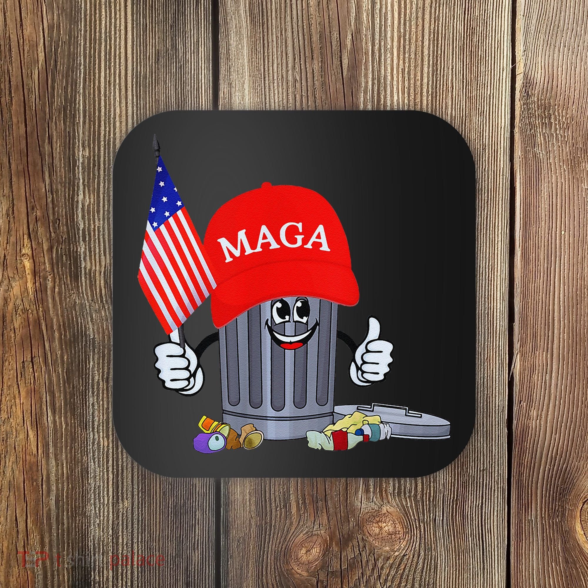 Funny Trump Garbage Can Cartoon Character American Flag Coaster