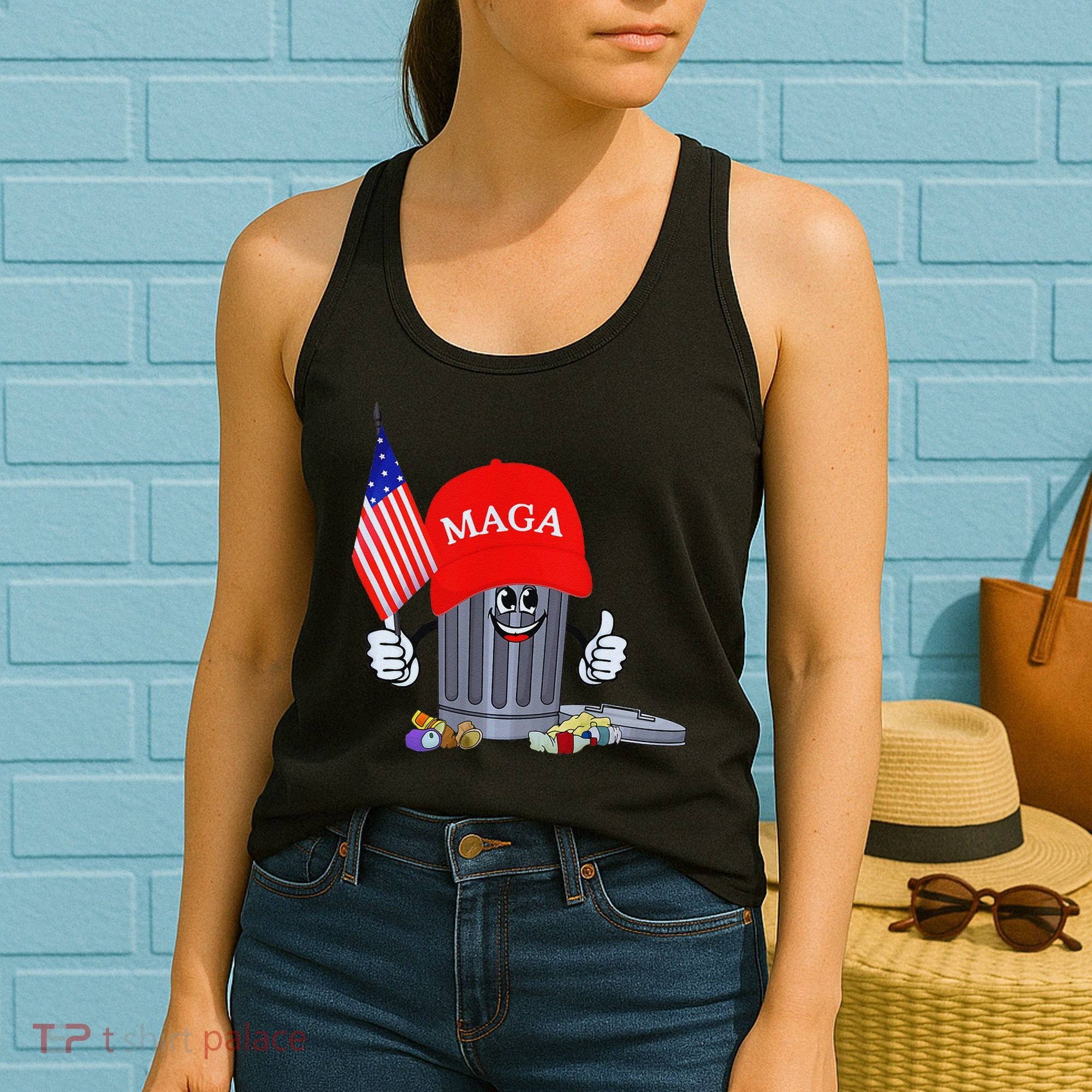 Funny Trump Garbage Can Cartoon Character American Flag Women's Tank Top