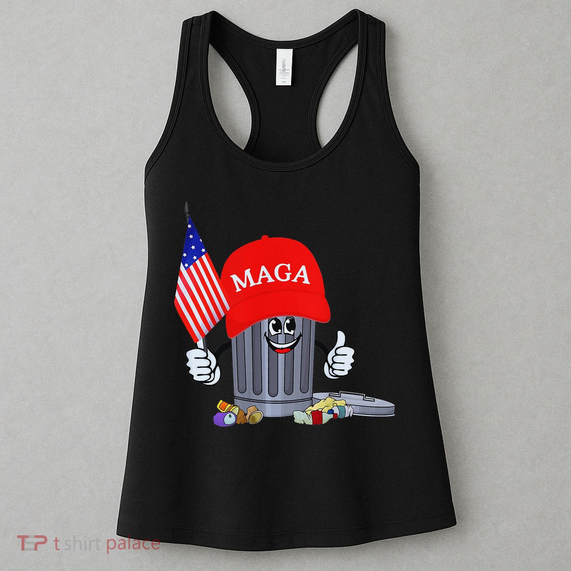 Funny Trump Garbage Can Cartoon Character American Flag Women's Tank Top