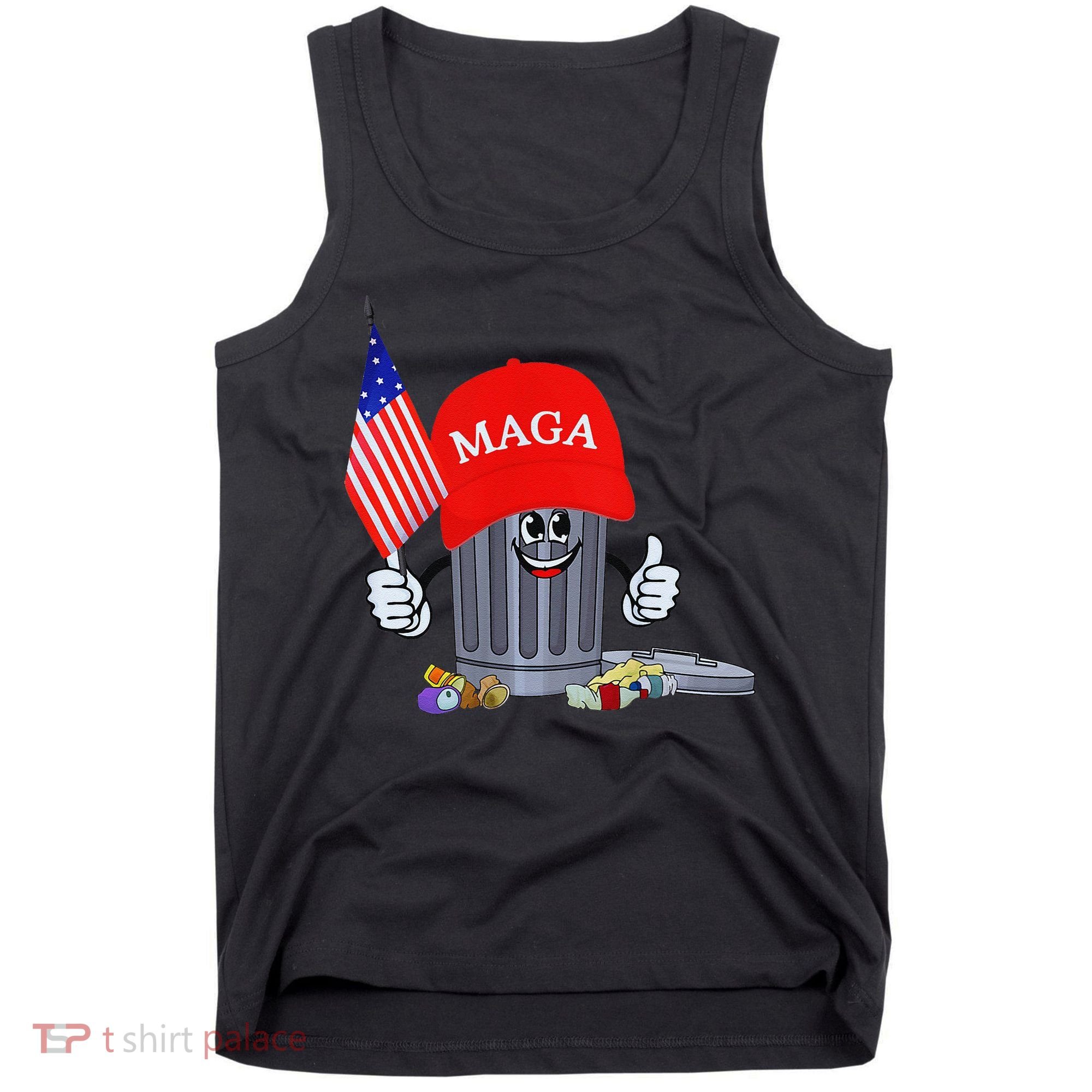 Funny Trump Garbage Can Cartoon Character American Flag Tank Top