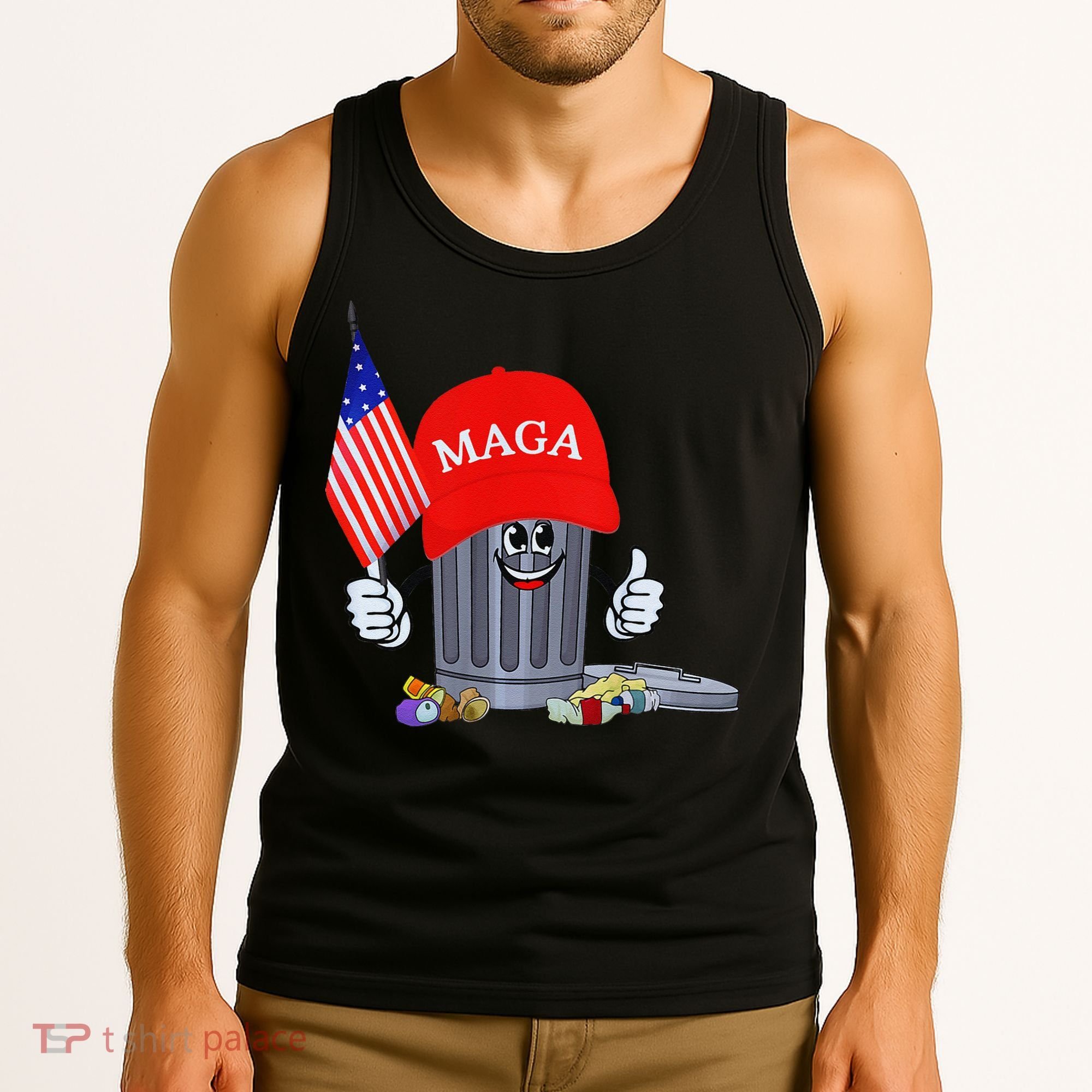 Funny Trump Garbage Can Cartoon Character American Flag Tank Top