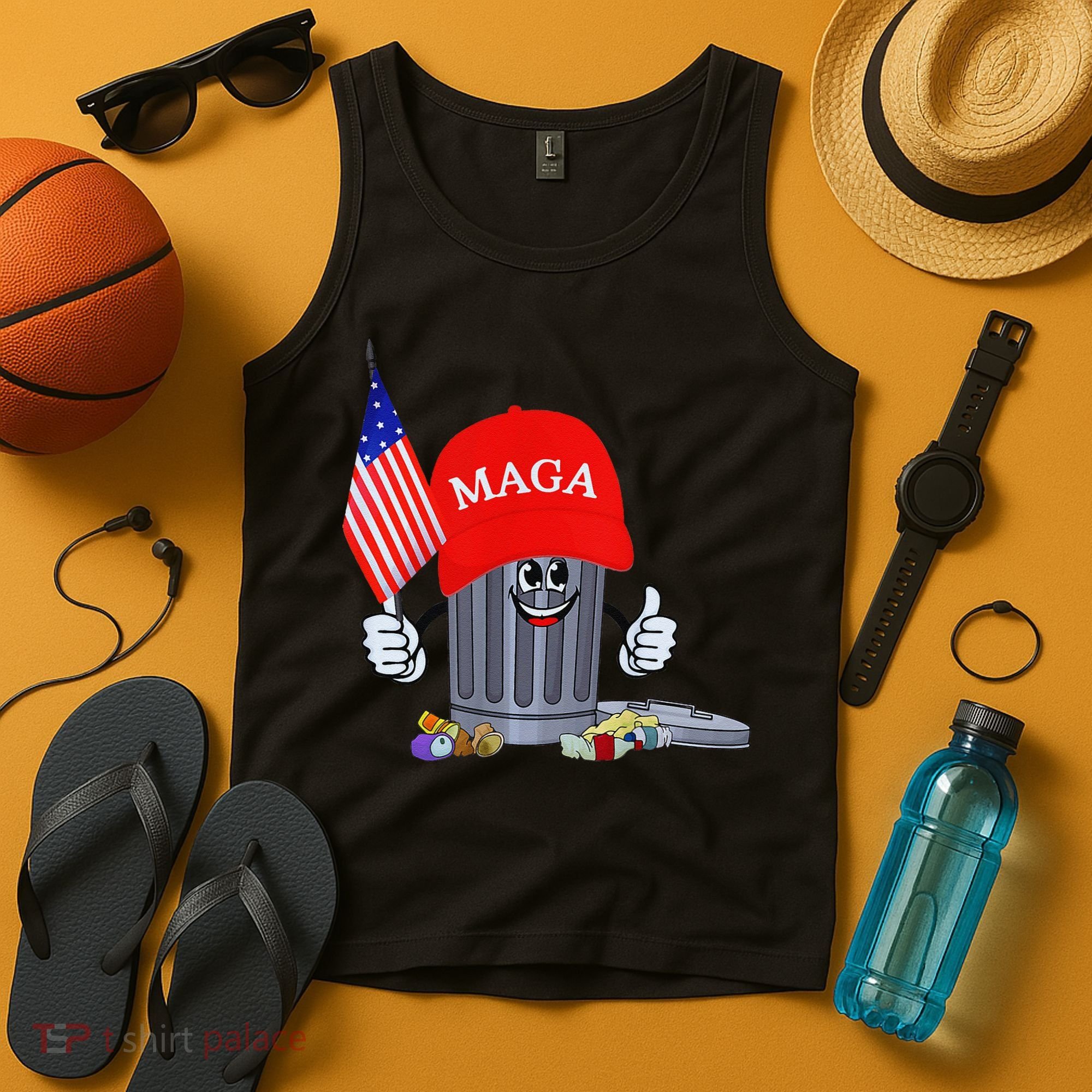 Funny Trump Garbage Can Cartoon Character American Flag Tank Top