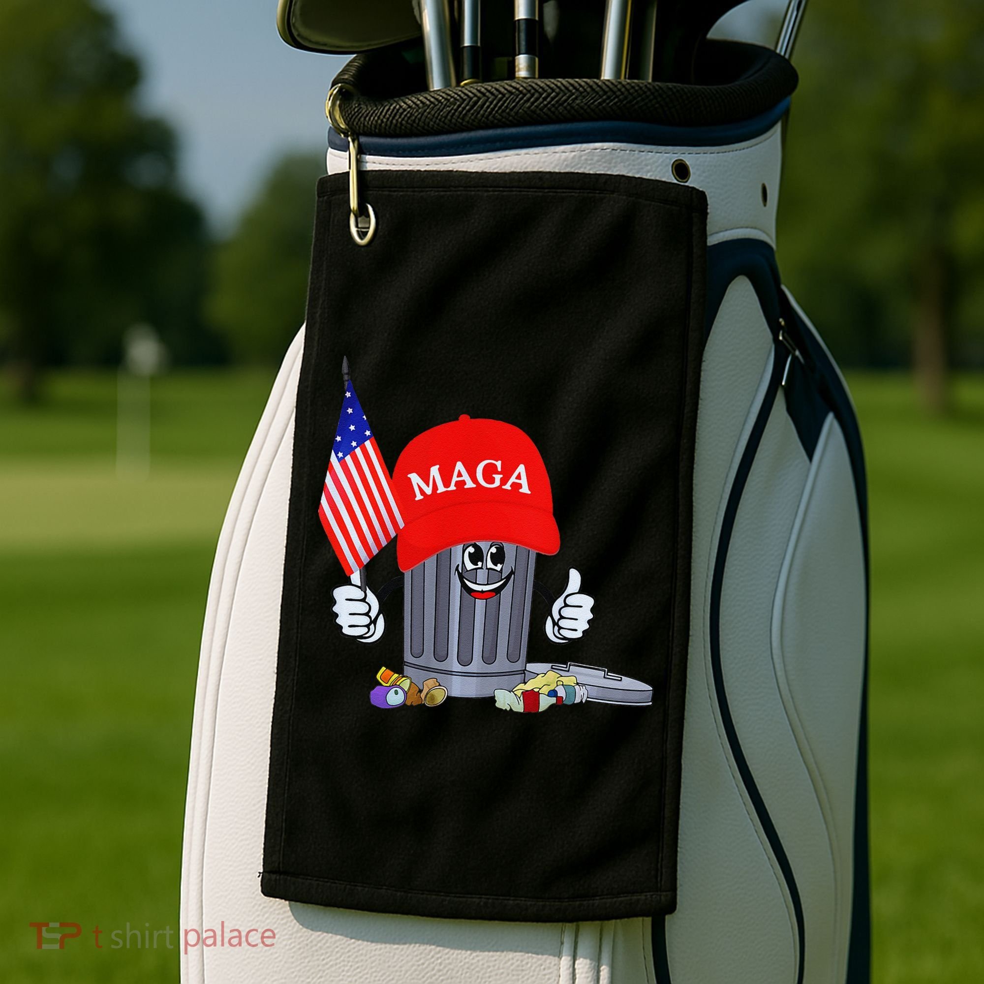Funny Trump Garbage Can Cartoon Character American Flag Golf Towel