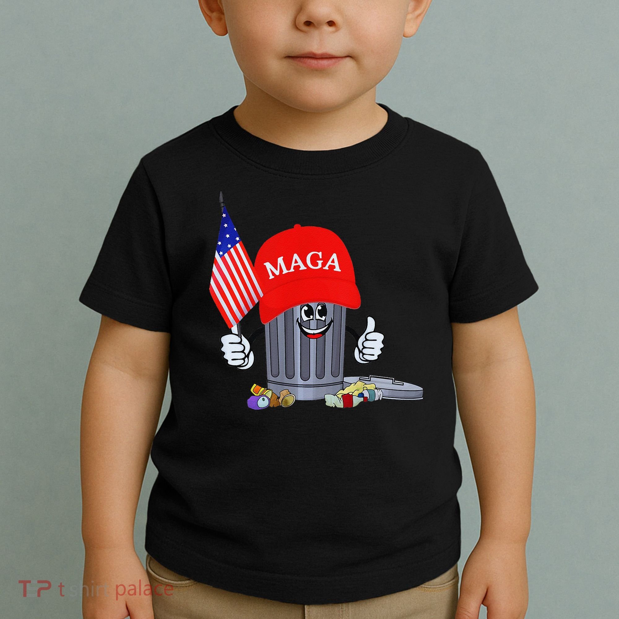 Funny Trump Garbage Can Cartoon Character American Flag Toddler T-Shirt